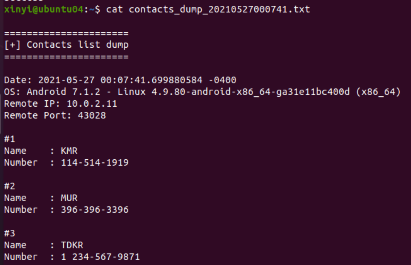 Dump all contacts information from the victim Android